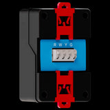 Black environmental control unit with red clips and blue faceplate labeled "RWYG".