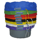 Stack of eight colorful Bubble Bags filtration bags (20-32 gallon set) with micron labels, inside a grey bucket.