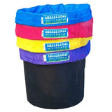 Stack of 4 colorful Bubble Bags (blue, pink, yellow, purple) 5-gallon filter bags in a black bucket.