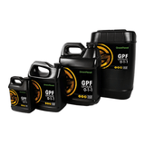 Black GreenPlanet GPF Uptake bottles in various sizes, featuring a yellow circular logo and product information.