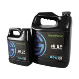 Two black GreenPlanet pH UP base solution bottles, one large and one small, with blue labels.