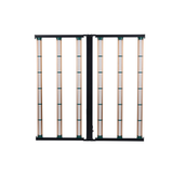 A black-framed full spectrum LED grow light with eight vertical gold bars featuring many white LEDs for plant cultivation.