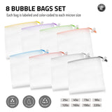8 bubble bags in different colors and micron sizes, with icons for fast drain, easy to clean, and reusable.