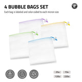 4 color-coded bubble bags for micron size extraction, with icons for fast drain, easy clean, and reusable.