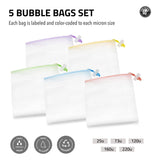 5 colorful mesh bubble bags for herbs, with micron sizes and icons for fast drain, easy clean, and reusable.