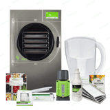 Harvest Right stainless steel freeze dryer, premier vacuum pump, trays, pump oil, oxygen absorbers, sealer, and guide.