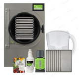 Harvest Right large pharmaceutical freeze dryer with premier pump, trays, vacuum oil, water pitcher, and guide.
