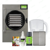 Harvest Right freeze dryer, premier pump, vacuum pump oil, trays, water pitcher, and freeze-drying guide.