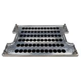 Polished aluminum 72-joint mini top tray for STM Canna Mini Rocketbox Plus, with rows of circular holes.