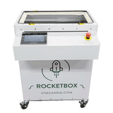 White Rocketbox pre-roll cone filling machine with touchscreen, emergency stop button, rocket logo, and casters.