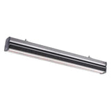 Silver single bar LED grow light with black heat sink fins and red diodes for plant cultivation.