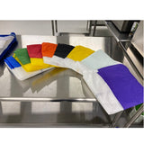 Colorful bubble extraction bag set (blue, green, yellow, red, orange, black, light blue, purple) on shiny stainless steel.