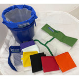 Bubble Bags 5-gallon 8-bag lab extraction set: blue bucket, colorful filter bags, and mesh drying screen.