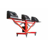 CenturionPro GC3 bucking machine: three black hemp debudders with angled panels on a red industrial mobile stand.