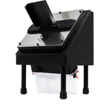 Black & silver CenturionPro mini bucking machine. Angled design, top chute, four legs, white mesh collection bag.
