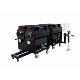 CenturionPro Gladiator tandem wet/dry bud trimming system. Three black machines with red accents, wheels, and a hopper.