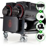Black CenturionPro Gladiator wet/dry bud trimming machine on wheels, red accents, with fan, rack, bags, & trim reel.
