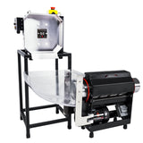 CenturionPro tabletop bud trimming and bucking machine bundle, silver hopper, black body, clear bin, black stand.