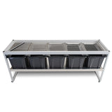 EZTRIM bud sorter machine: silver aluminum frame, top metal grates for sorting, five black collection bins, and casters.