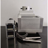 Silver FlashVAPE FVR heated rosin press with dual digital temperature controller and heating elements on a dark surface.