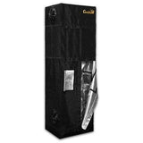 Tall, black Gorilla hydroponic grow tent with an open front flap revealing a reflective interior and ventilation ports.