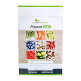 HarvestRight resealable Mylar bag, white & green, showcasing a grid of freeze-dried fruits and vegetables.