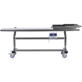 Stainless steel Mobius outfeed conveyor system on casters with a blue and white control panel.