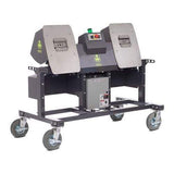 Dark grey Munch Machine double Mother Bucker hemp debudding machine. Industrial unit with two covers, control panel, casters.