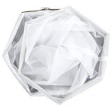 White hexagonal multi-layered mesh sifter bag, crumpled inside, with a visible metal clasp at the top.