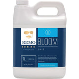 White Remo Nutrients Bloom 1-4-7 liquid plant fertilizer bottle, 1L (33.81 fl oz), with a dark blue label.