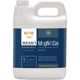 White handled jug of REMO NUTRIENTS MagNifiCal 3-0-0, a plant nutrient with a blue label & mustache logo, 1L.