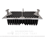 STM Canna Mini Rocketbox Plus bottom tray: a metal industrial fixture with many black tapered tubes for pre-roll production.