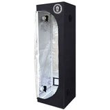 Black indoor plant grow tent with open front revealing reflective silver interior, white frame, and ventilation ports.