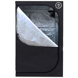 Black grow tent with partially open zippered door, revealing a reflective silver interior. Logo in top right corner.