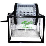 Tom's Tumbler hand crank dry bud trimmer with white mesh drum, black frame, and clear collection area.