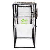 Tom's Tumbler dry bud trimming machine with a black metal frame and clear plastic collection bags, logo visible.