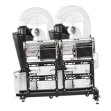 Tandem Twister T4 variable speed bud trimmers with Trim Saver Systems. Features white hoses, black cones, and silver bins.