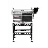 Twister T4 variable speed wet/dry bud trimmer machine. Silver & black, with control panel, hopper, and warning labels on stand.