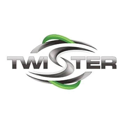 Stylized "TWISTER" logo with metallic silver letters, a dynamic "S" shape, and bright green swirling accents.