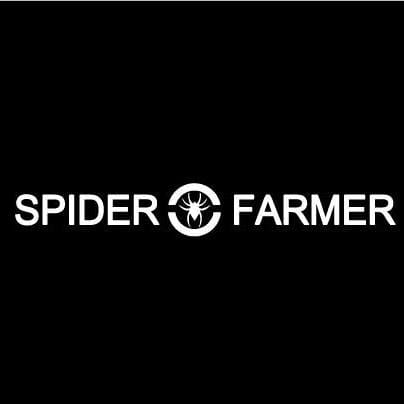 White 'SPIDER FARMER' text with a spider logo in a circle on a black background.