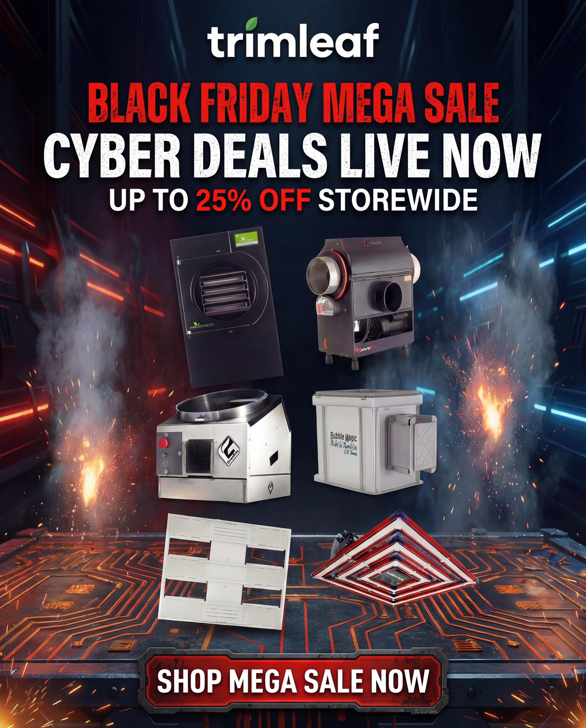 Trimleaf Black Friday Cyber Deals: Up to 25% off storewide with product images and shop now button.
