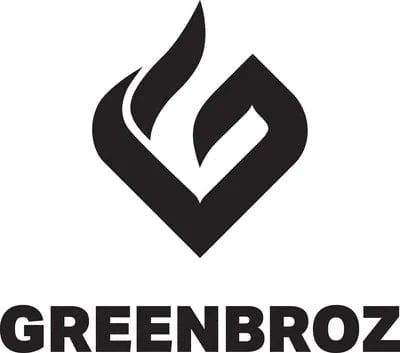 Black GreenBroz logo: Stylized G and flame emblem above the bold text GREENBROZ.