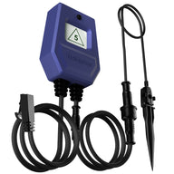 TrolMaster Aqua-X WD-1 irrigation controller with a blue unit, digital display, and two black probes.