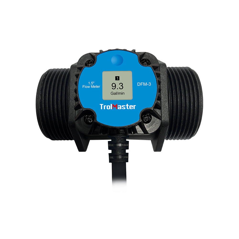 TrolMaster DFM-3 digital flow meter with 9.3 gal/min reading and 1.5" threaded connections.