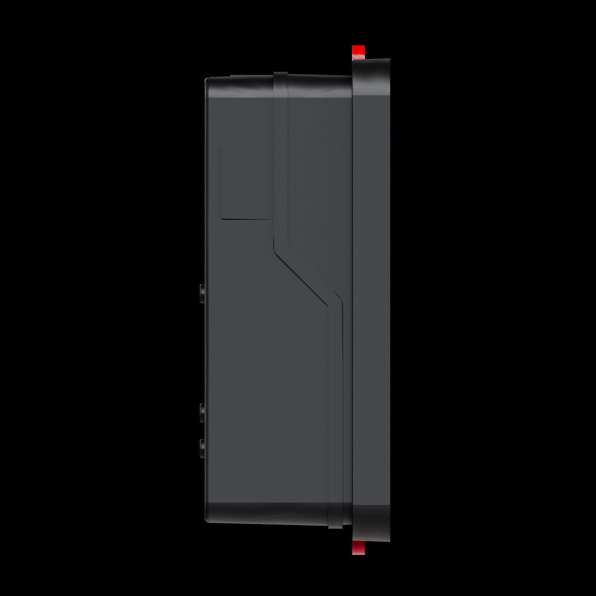 Side view of a black digital controller with red accents, mounted on a black background.