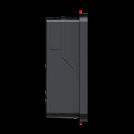 Side view of a black digital controller with red accents, mounted on a black background.