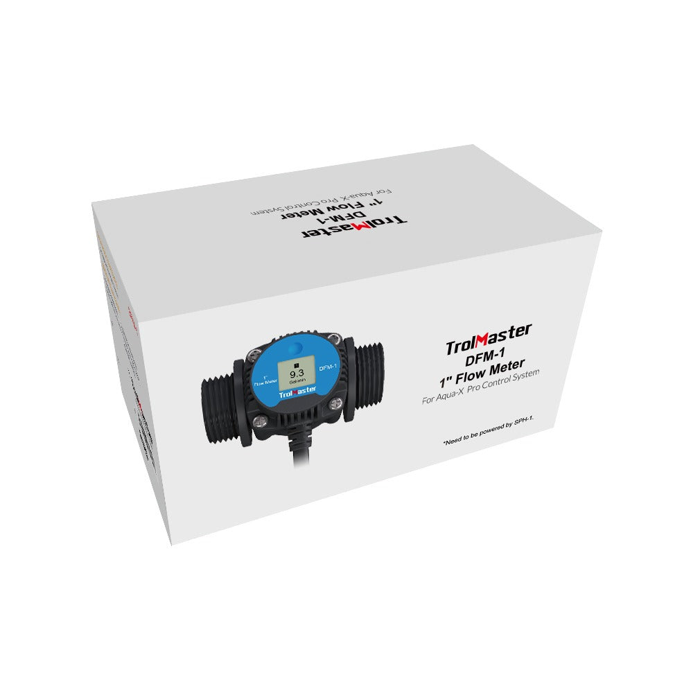 TrolMaster DFM-1 1" Flow Meter for Aqua-X Pro Control System on box, with digital display.