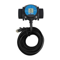 TrolMaster DFM-1 digital flow meter with an LCD screen displaying 9.3 Gal/min and a coiled black cable.