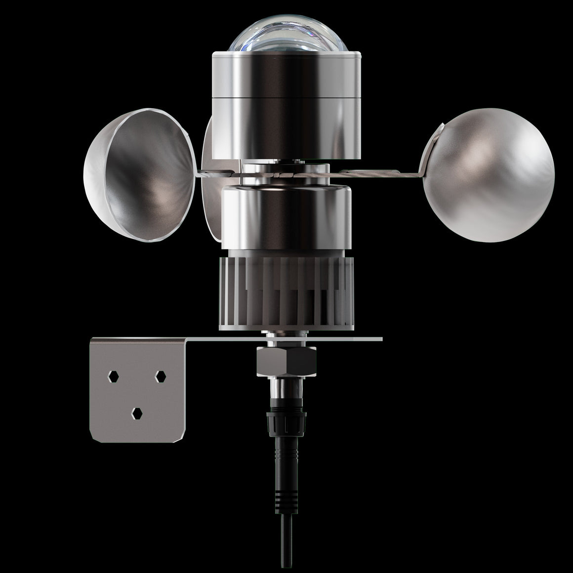 Close-up of a silver anemometer with a clear dome and fan cups, mounted on a black background.