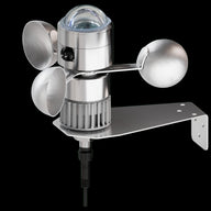 A silver anemometer with a glass dome and three cups, mounted on a metal bracket, on a black background.